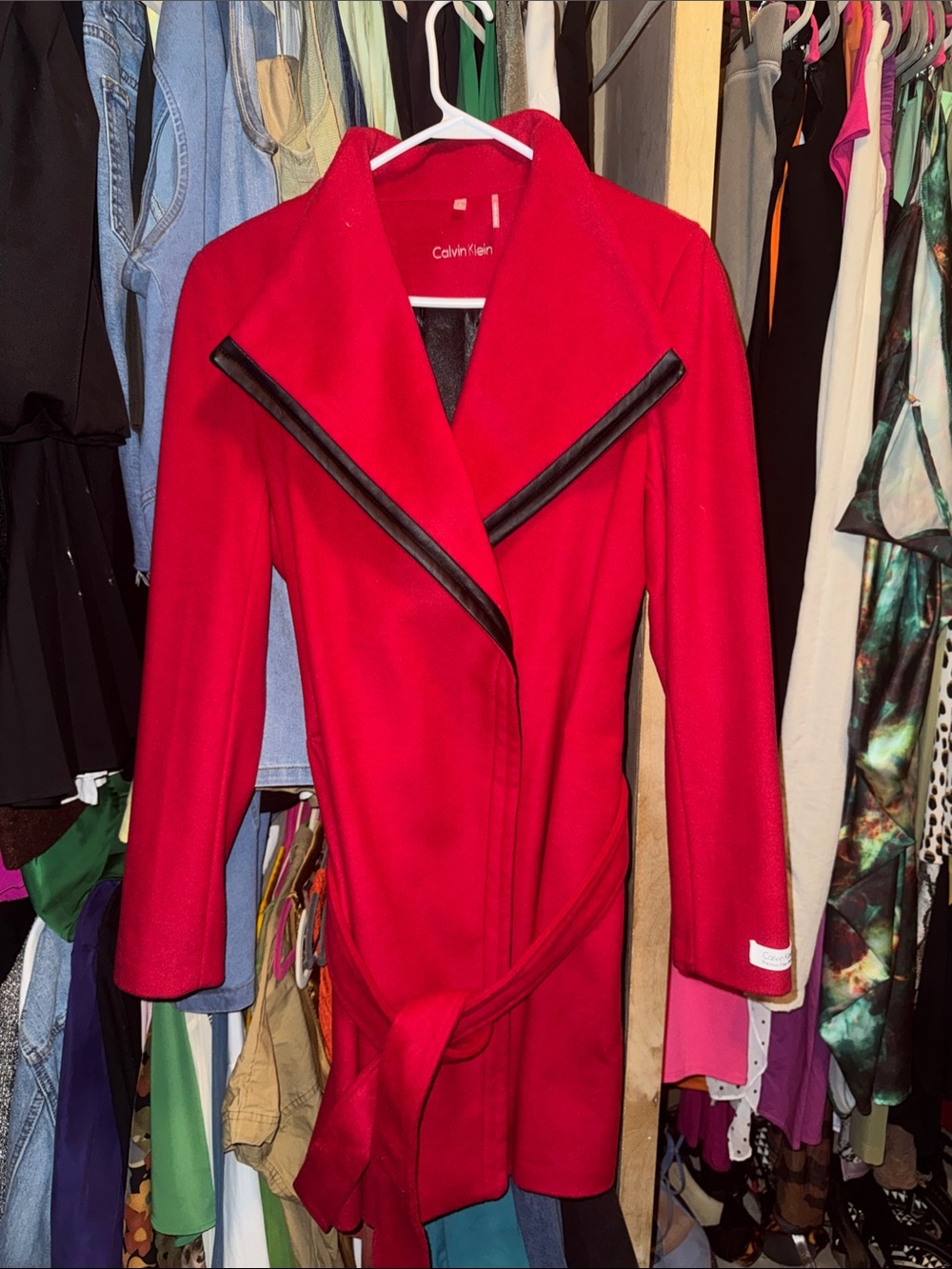 Calvin Klein Red Trench Coat with Black Trim